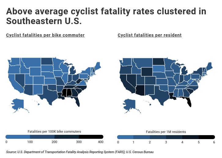 Most Dangerous U.S. Cities for Cyclists Map showing cyclist death rates higher in southeast